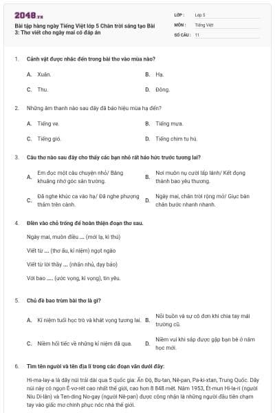 Bài tập hàng ngày Tiếng Việt lớp 5 Chân trời sáng tạo Bài 3: Thơ viết cho ngày mai có đáp án