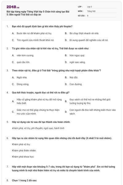 Bài tập hàng ngày Tiếng Việt lớp 5 Chân trời sáng tạo Bài 5: Bên ngoài Trái Đất có đáp án