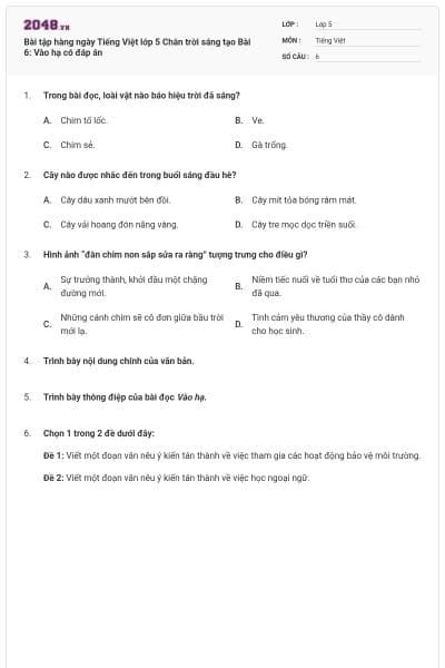 Bài tập hàng ngày Tiếng Việt lớp 5 Chân trời sáng tạo Bài 6: Vào hạ có đáp án