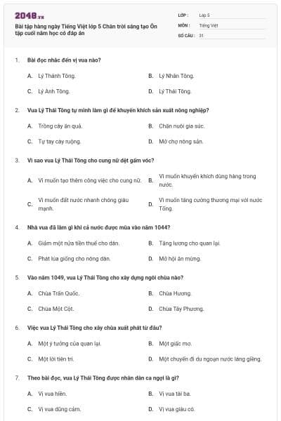 Bài tập hàng ngày Tiếng Việt lớp 5 Chân trời sáng tạo Ôn tập cuối năm học có đáp án