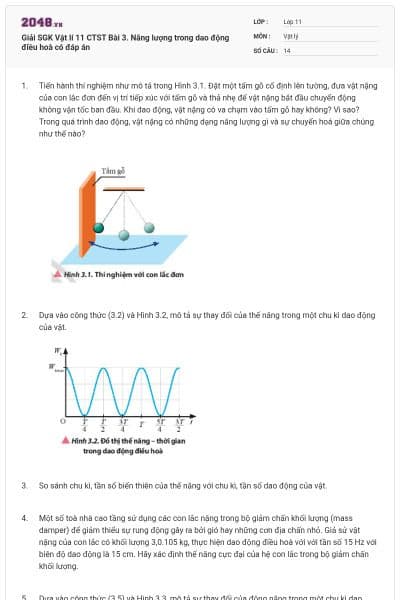 Giải SGK Vật lí 11 CTST Bài 3. Năng lượng trong dao động điều hoà có đáp án