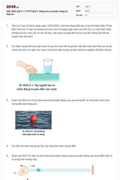 Giải SGK Vật lí 11 CTST Bài 5. Sóng và sự truyền sóng có đáp án