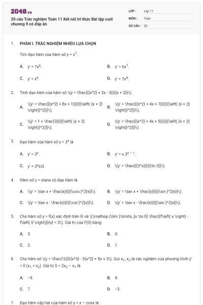 20 câu Trắc nghiệm Toán 11 Kết nối tri thức Bài tập cuối chương 9 có đáp án