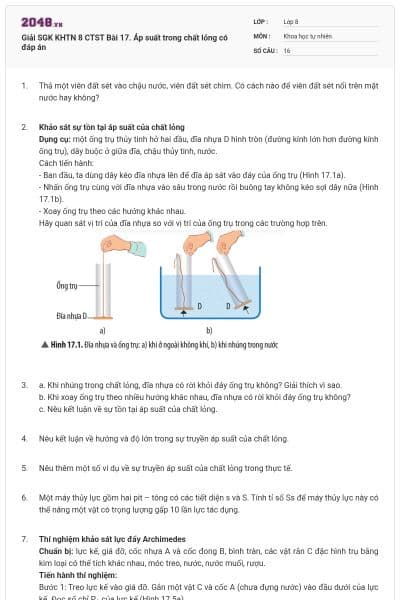 Giải SGK KHTN 8 CTST Bài 17. Áp suất trong chất lỏng có đáp án