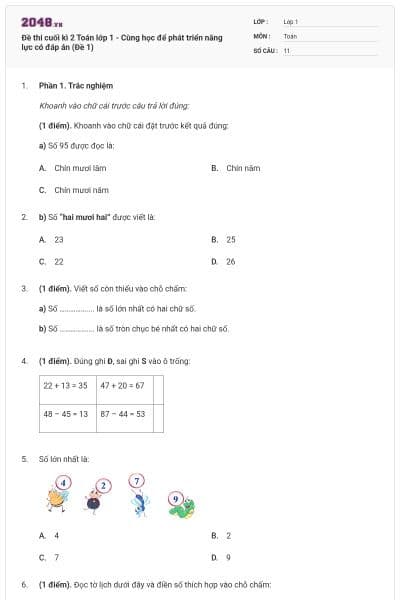 Đề thi cuối kì 2 Toán lớp 1 - Cùng học để phát triển năng lực có đáp án (Đề 1)