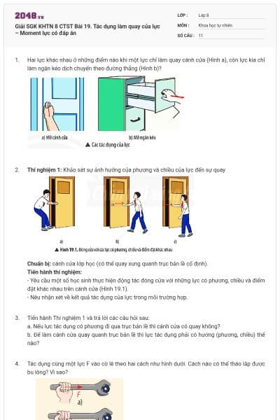 Giải SGK KHTN 8 CTST Bài 19. Tác dụng làm quay của lực – Moment lực có đáp án