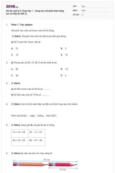 Đề thi cuối kì 2 Toán lớp 1 - Cùng học để phát triển năng lực có đáp án (Đề 2)