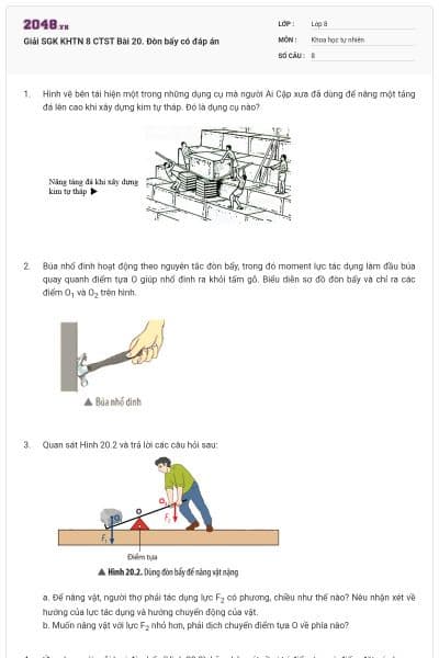 Giải SGK KHTN 8 CTST Bài 20. Đòn bẩy có đáp án
