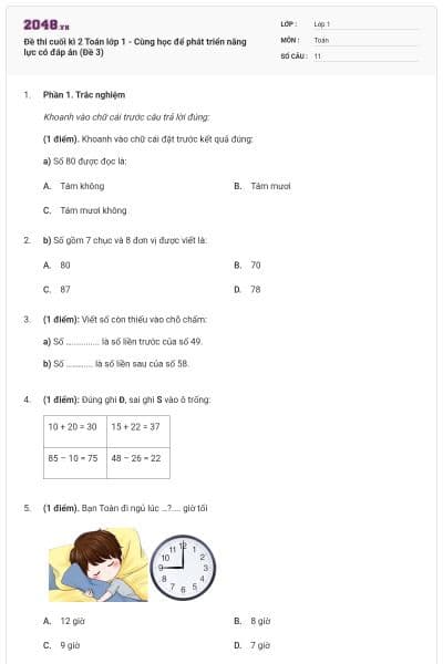 Đề thi cuối kì 2 Toán lớp 1 - Cùng học để phát triển năng lực có đáp án (Đề 3)