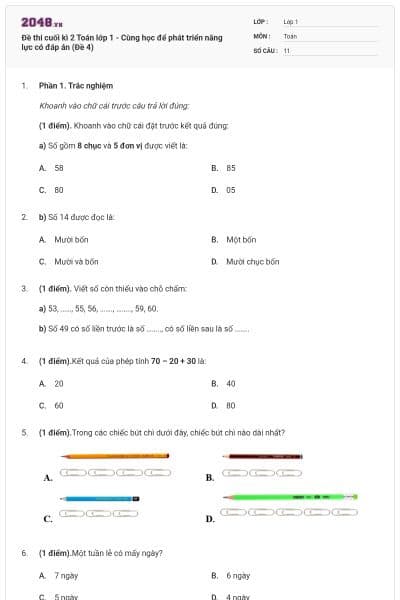 Đề thi cuối kì 2 Toán lớp 1 - Cùng học để phát triển năng lực có đáp án (Đề 4)