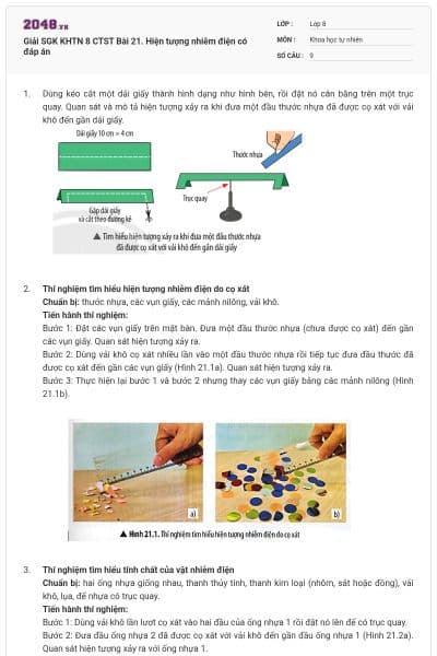 Giải SGK KHTN 8 CTST Bài 21. Hiện tượng nhiễm điện có đáp án