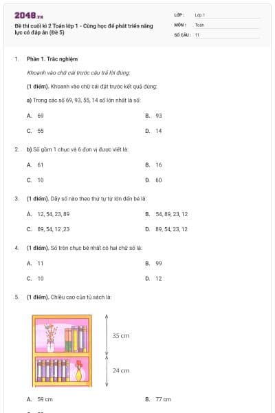Đề thi cuối kì 2 Toán lớp 1 - Cùng học để phát triển năng lực có đáp án (Đề 5)