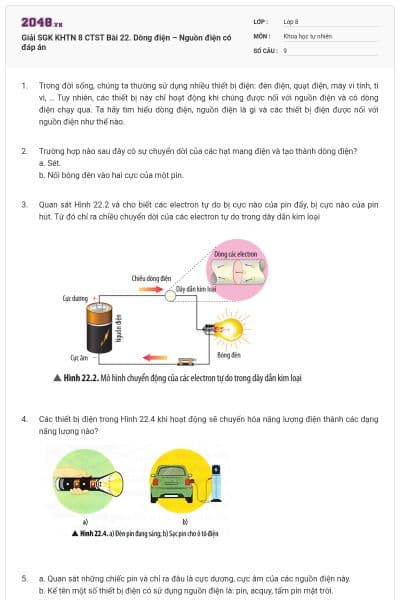 Giải SGK KHTN 8 CTST Bài 22. Dòng điện – Nguồn điện có đáp án