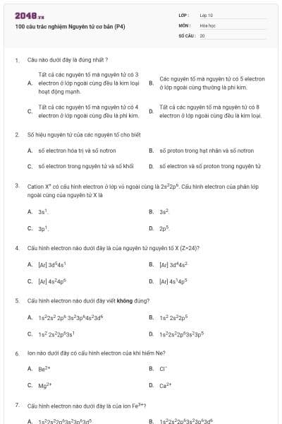 100 câu trắc nghiệm Nguyên tử cơ bản (P4)