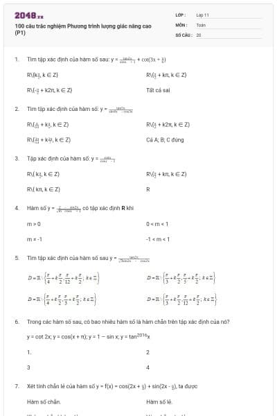 100 câu trắc nghiệm Phương trình lượng giác nâng cao (P1)