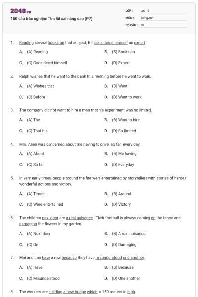 150 câu trắc nghiệm Tìm lỗi sai nâng cao (P7)