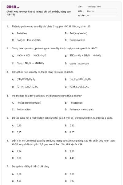 Đề thi Hóa học cực hay có lời giải chi tiết cơ bản, nâng cao (Đề 15)