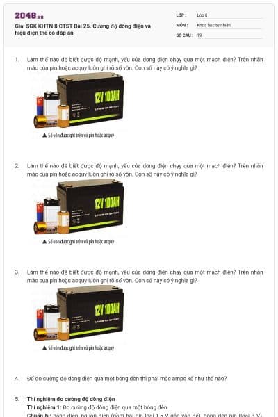 Giải SGK KHTN 8 CTST Bài 25. Cường độ dòng điện và hiệu điện thế có đáp án