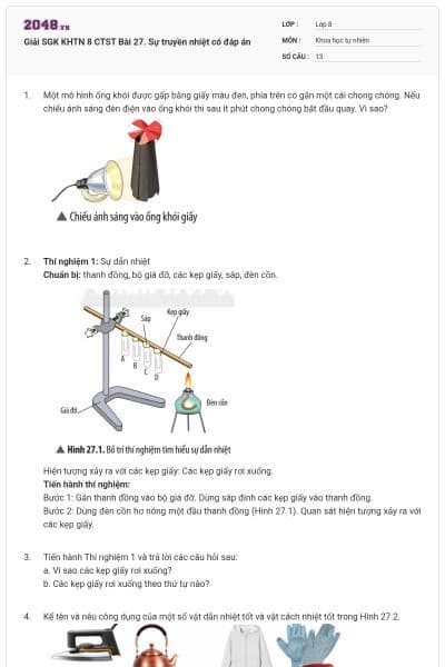 Giải SGK KHTN 8 CTST Bài 27. Sự truyền nhiệt có đáp án