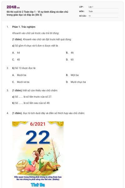 Đề thi cuối kì 2 Toán lớp 1 - Vì sự bình đẳng và dân chủ trong giáo dục có đáp án (Đề 3)