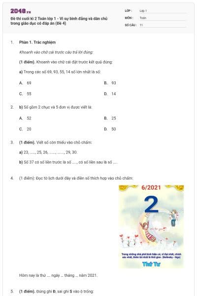 Đề thi cuối kì 2 Toán lớp 1 - Vì sự bình đẳng và dân chủ trong giáo dục có đáp án (Đề 4)