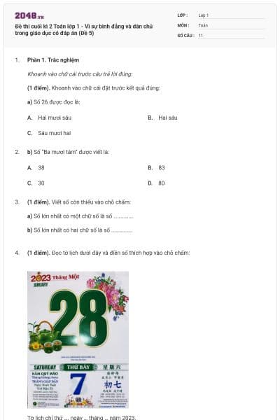 Đề thi cuối kì 2 Toán lớp 1 - Vì sự bình đẳng và dân chủ trong giáo dục có đáp án (Đề 5)