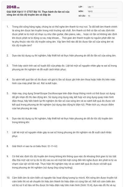 Giải SGK Vật lí 11 CTST Bài 10. Thực hành đo tần số của sóng âm và tốc độ truyền âm có đáp án