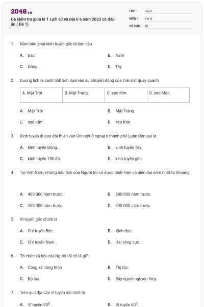 Đề kiểm tra giữa kì 1 Lịch sử và Địa lí 6 năm 2023 có đáp án ( Đề 1)