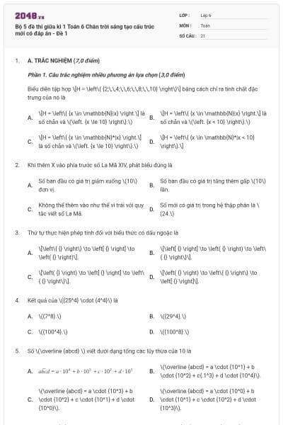 Bộ 5 đề thi giữa kì 1 Toán 6 Chân trời sáng tạo cấu trúc mới có đáp án - Đề 1
