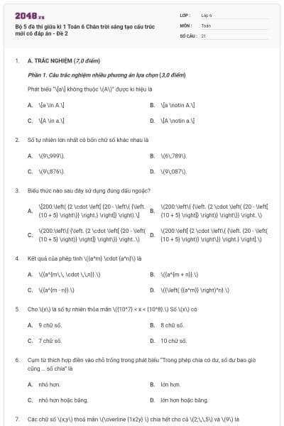Bộ 5 đề thi giữa kì 1 Toán 6 Chân trời sáng tạo cấu trúc mới có đáp án - Đề 2