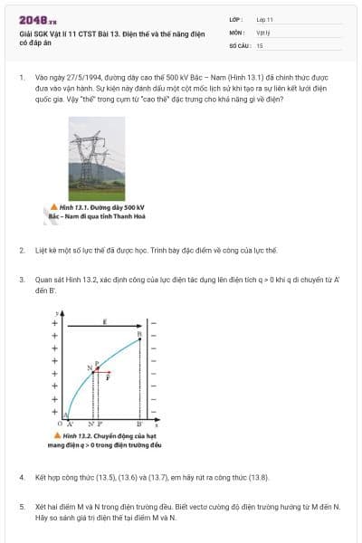 Giải SGK Vật lí 11 CTST Bài 13. Điện thế và thế năng điện có đáp án