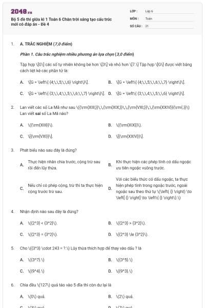 Bộ 5 đề thi giữa kì 1 Toán 6 Chân trời sáng tạo cấu trúc mới có đáp án - Đề 4