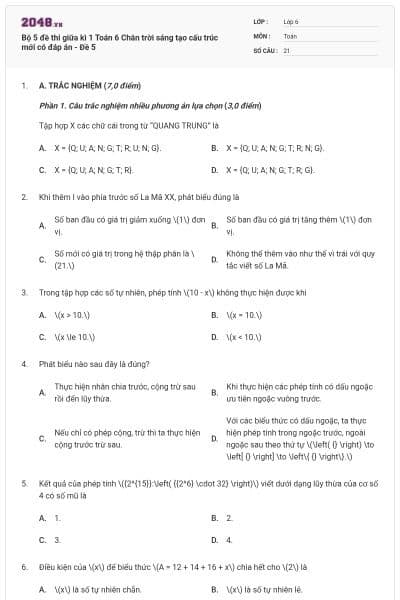 Bộ 5 đề thi giữa kì 1 Toán 6 Chân trời sáng tạo cấu trúc mới có đáp án - Đề 5