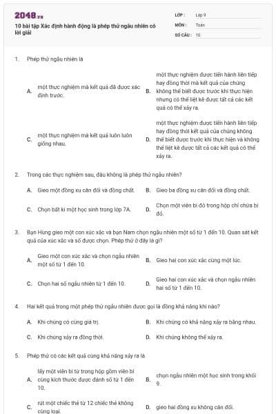 10 bài tập Xác định hành động là phép thử ngẫu nhiên có lời giải