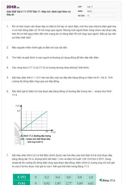 Giải SGK Vật lí 11 CTST Bài 17. Điện trở. Định luật Ohm có đáp án