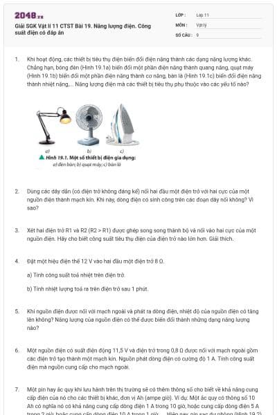 Giải SGK Vật lí 11 CTST Bài 19. Năng lượng điện. Công suất điện có đáp án