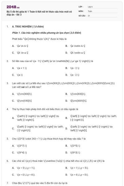 Bộ 5 đề thi giữa kì 1 Toán 6 Kết nối tri thức cấu trúc mới có đáp án - Đề 3
