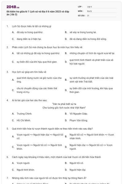 Đề kiểm tra giữa kì 1 Lịch sử và Địa lí 6 năm 2023 có đáp án ( Đề 3)