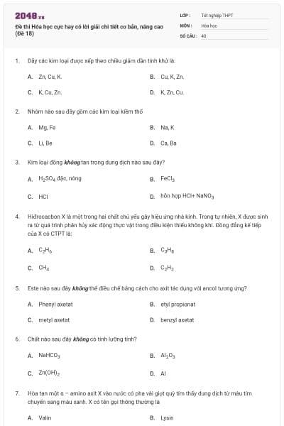 Đề thi Hóa học cực hay có lời giải chi tiết cơ bản, nâng cao (Đề 18)