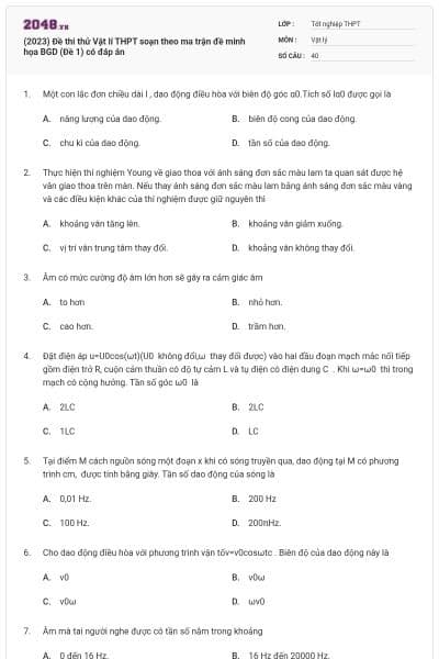 (2023) Đề thi thử Vật lí THPT soạn theo ma trận đề minh họa BGD (Đề 1) có đáp án