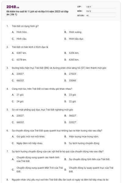 Đề kiểm tra cuối kì 1 Lịch sử và Địa lí 6 năm 2023 có đáp án ( Đề 1)
