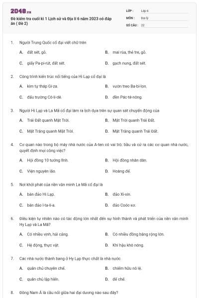 Đề kiểm tra cuối kì 1 Lịch sử và Địa lí 6 năm 2023 có đáp án ( Đề 2)