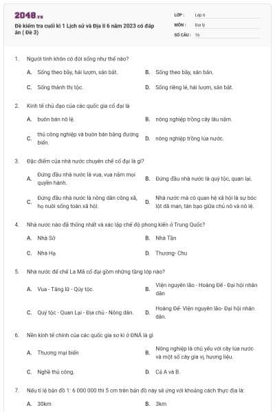Đề kiểm tra cuối kì 1 Lịch sử và Địa lí 6 năm 2023 có đáp án ( Đề 3)
