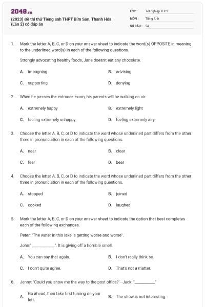 (2023) Đề thi thử Tiếng anh THPT Bỉm Sơn, Thanh Hóa (Lần 2) có đáp án