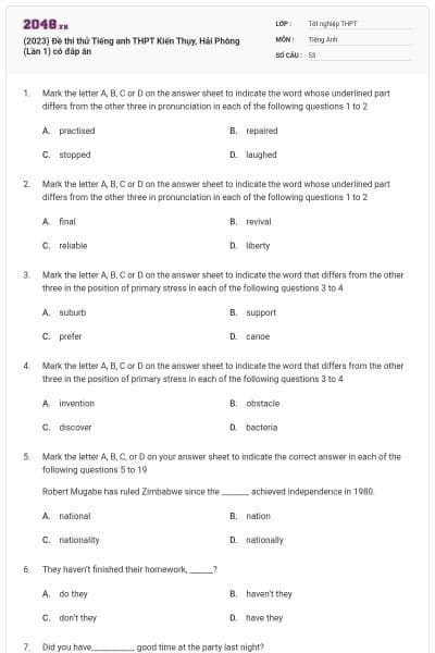(2023) Đề thi thử Tiếng anh THPT Kiến Thụy, Hải Phòng (Lần 1) có đáp án