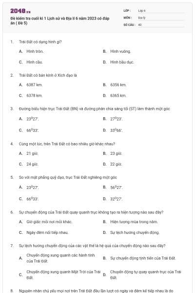 Đề kiểm tra cuối kì 1 Lịch sử và Địa lí 6 năm 2023 có đáp án ( Đề 5)