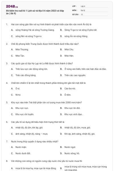 Đề kiểm tra cuối kì 1 Lịch sử và Địa lí 6 năm 2023 có đáp án ( Đề 9)