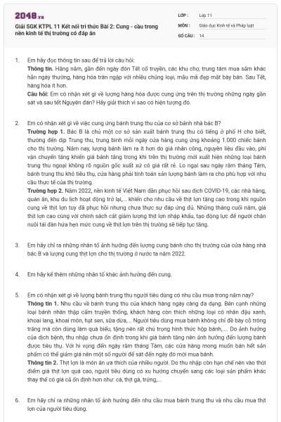 Giải SGK KTPL 11 Kết nối tri thức Bài 2: Cung - cầu trong nền kinh tế thị trường có đáp án