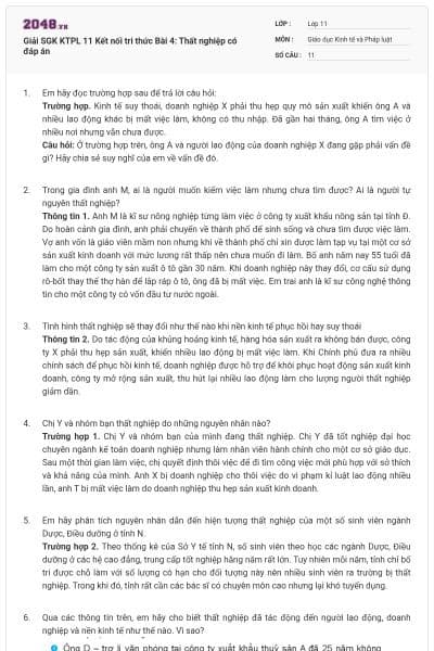 Giải SGK KTPL 11 Kết nối tri thức Bài 4: Thất nghiệp có đáp án