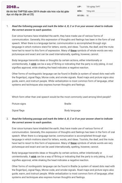 Đề thi thử THPTQG năm 2019 chuẩn cấu trúc của bộ giáo dục có đáp án (Đề số 25)